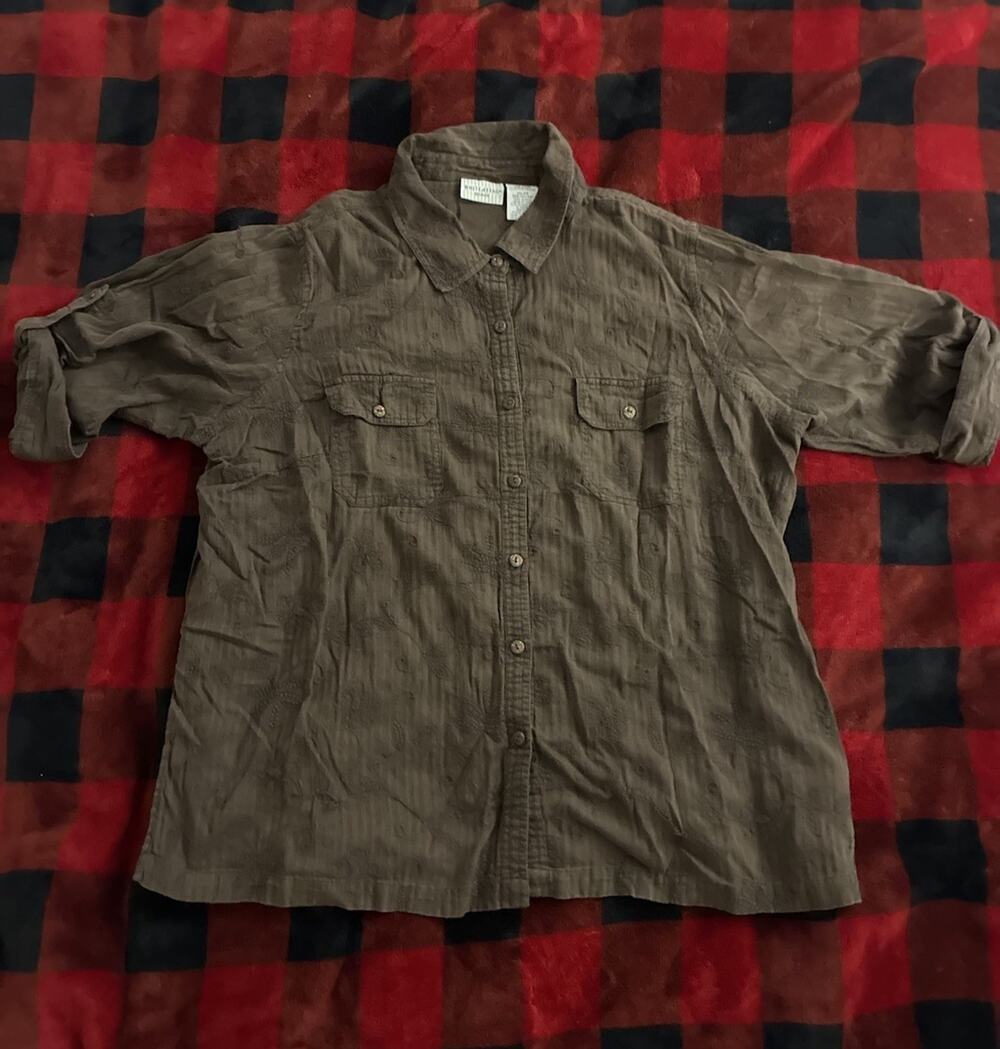 WhiteStag Brown Floral Short Sleeve Button-Up Shirt women Collar Pockets 3XL